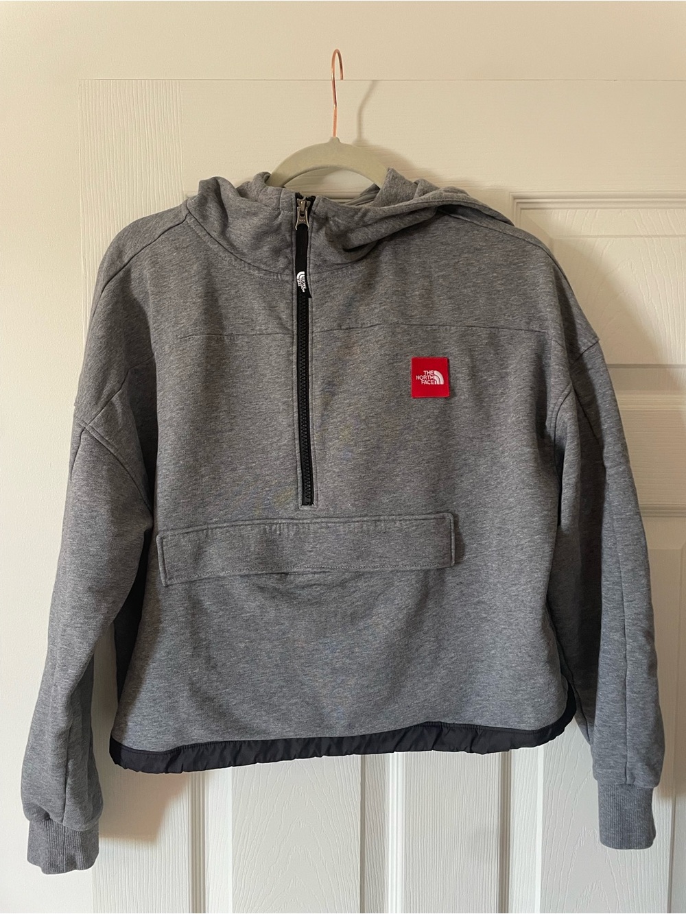 The North Face Kids Gray Hooded Half-Zip Puffer Pullover with Red Logo Patch